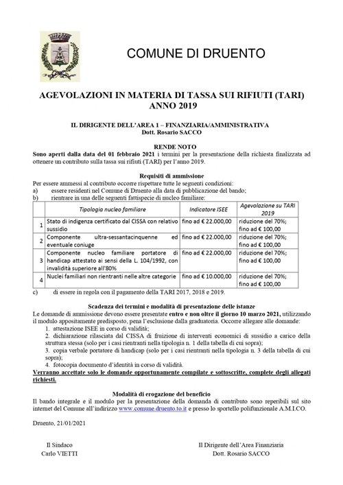AGEVOLAZIONI IN MATERIA DI TASSA SUI RIFIUTI (TARI) - ANNO 2019