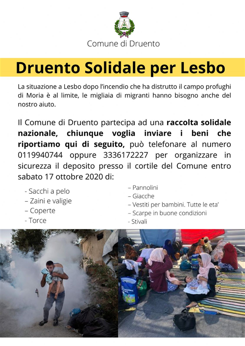 Emergenza umanitaria a Lesbo, il Comune di Druento aderisce alla raccolta solidale di generi di prima necessità.