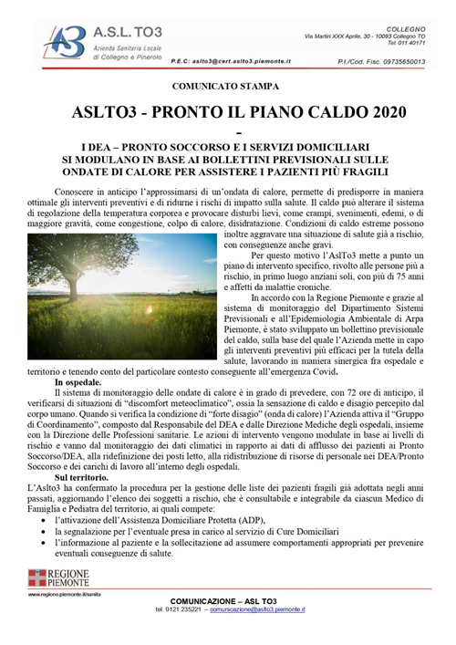 ASLTO3 - PRONTO IL PIANO CALDO 2020 - I DEA