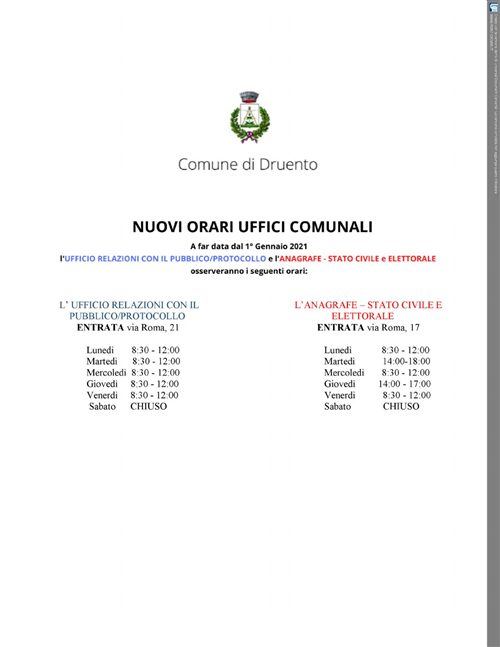 Nuovi orari uffici comunali - Urp/Protocollo e Anagrafe/Stato Civile ed Elettorale