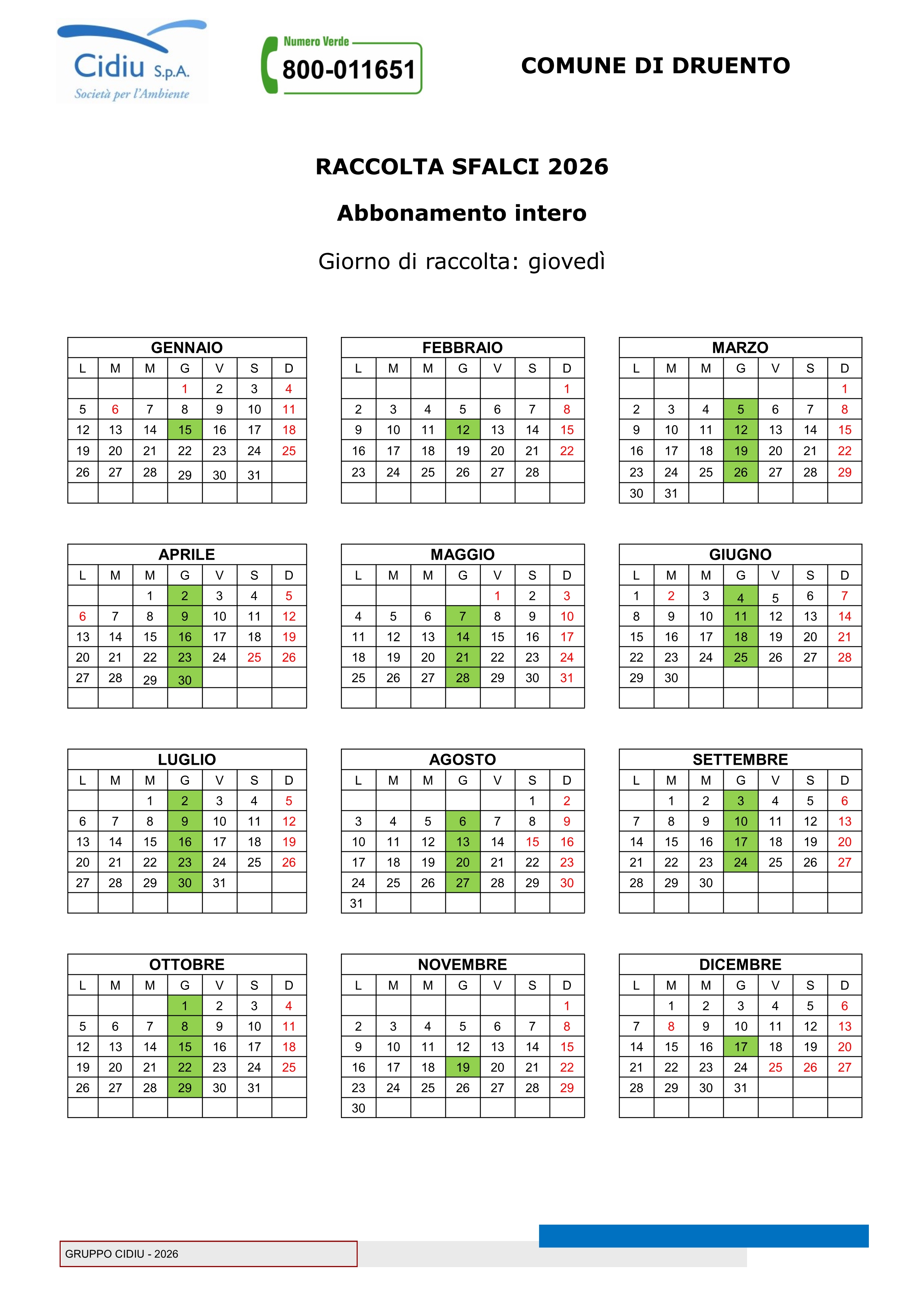 Calendario Raccolta Differenziata Porta a Porta -Anno 2026