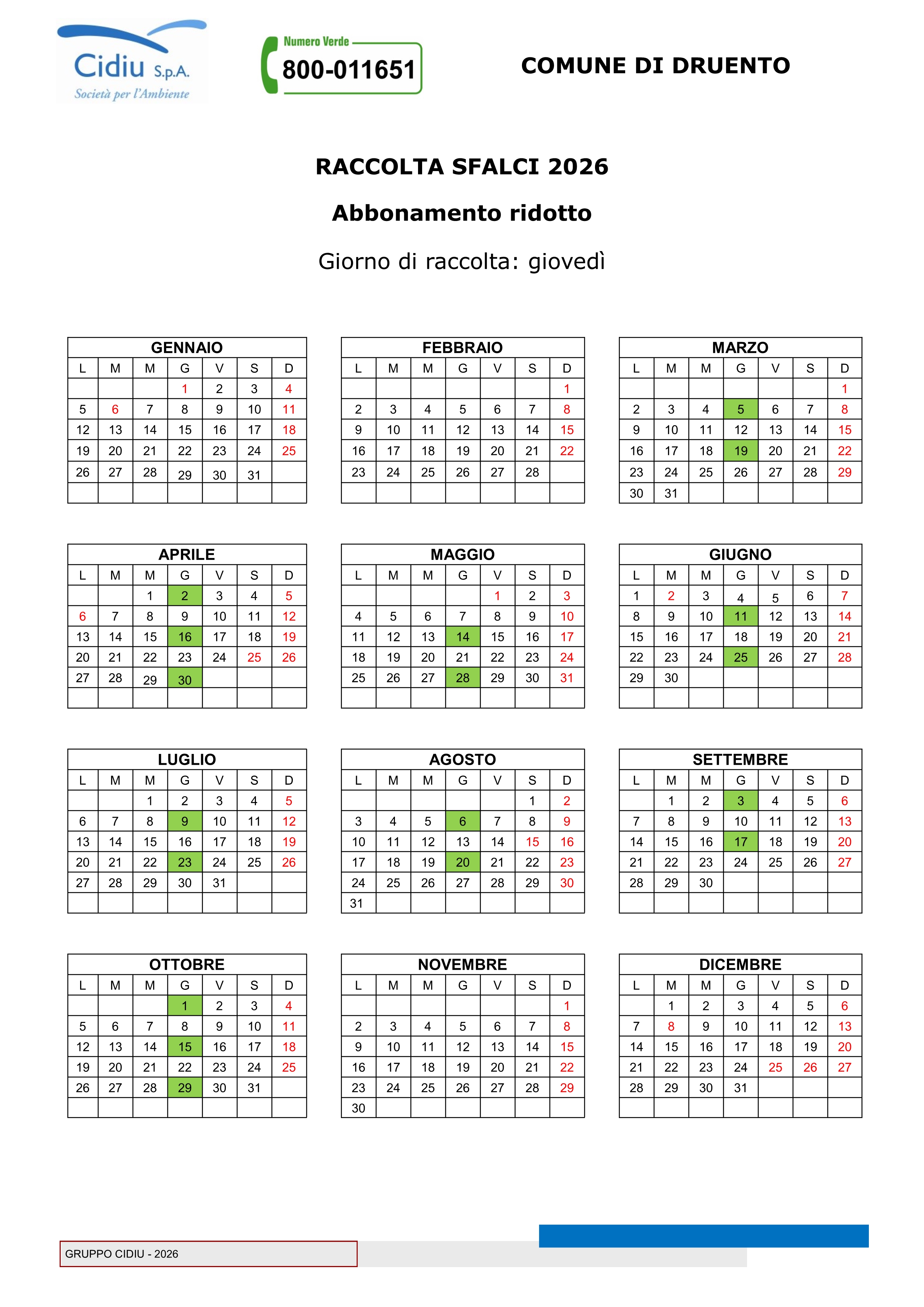 Calendario Raccolta Differenziata Porta a Porta -Anno 2026