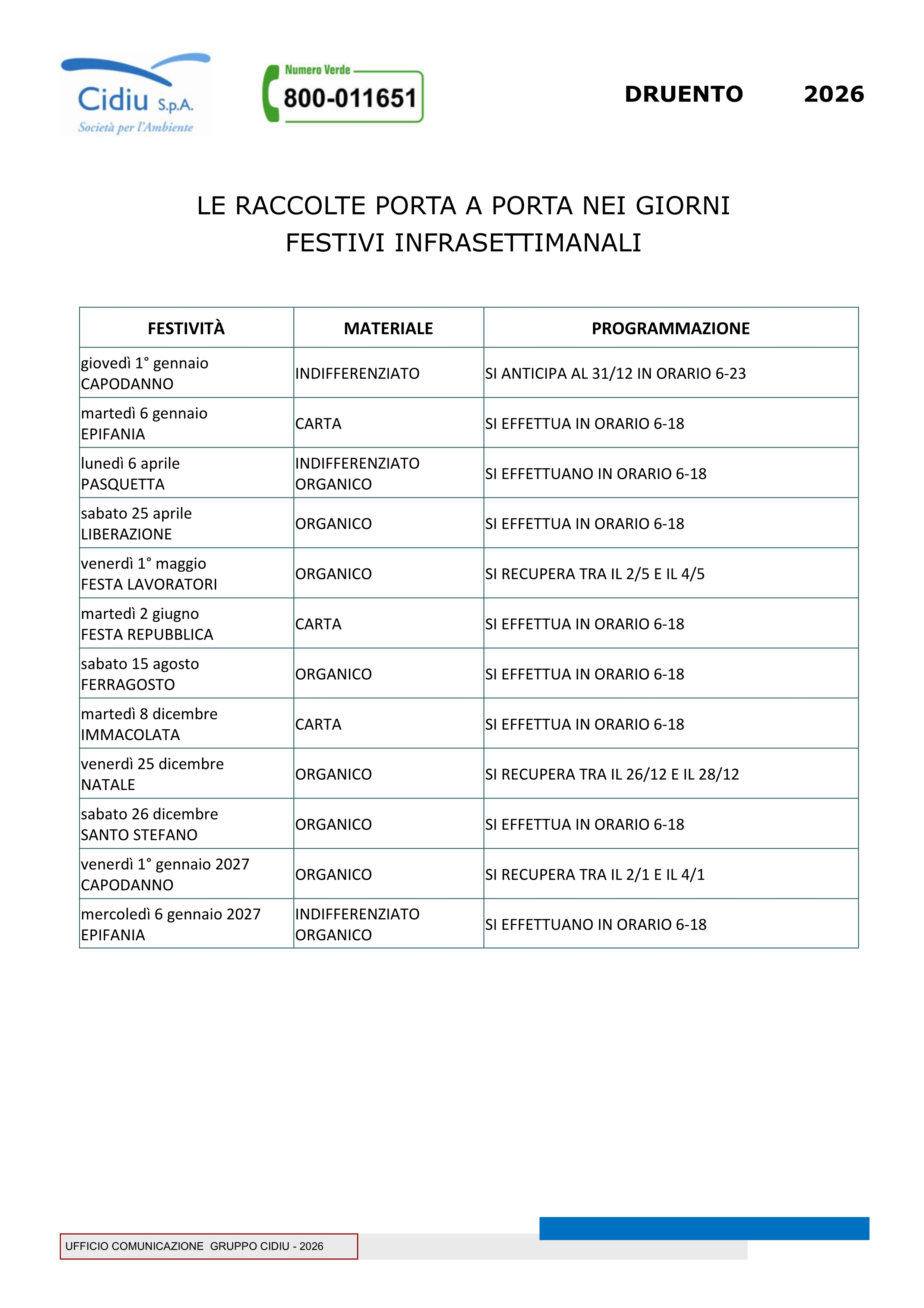 Calendario Raccolta Differenziata Porta a Porta -Anno 2026