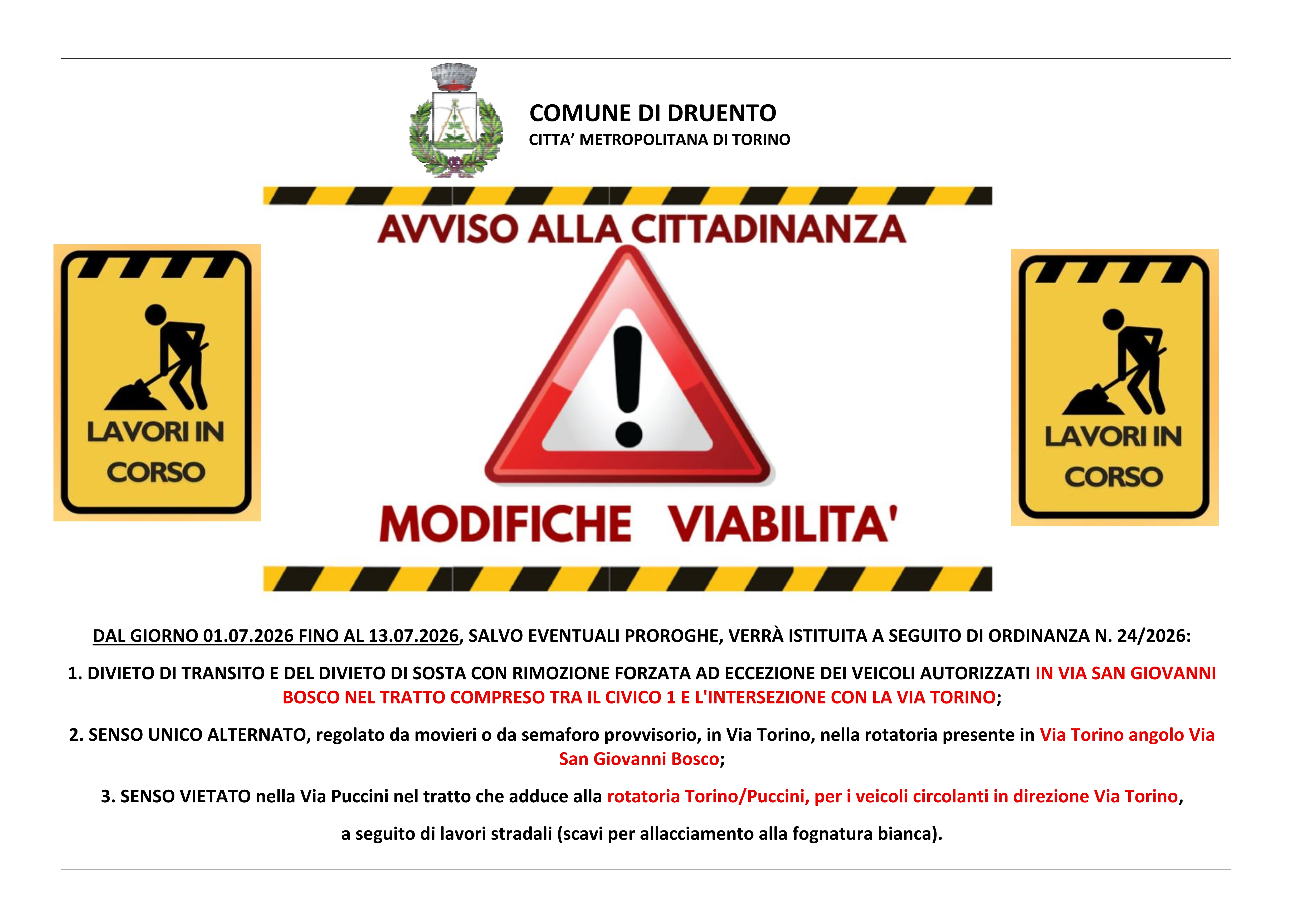 Avviso alla cittadinanza - Modifiche viabilità
