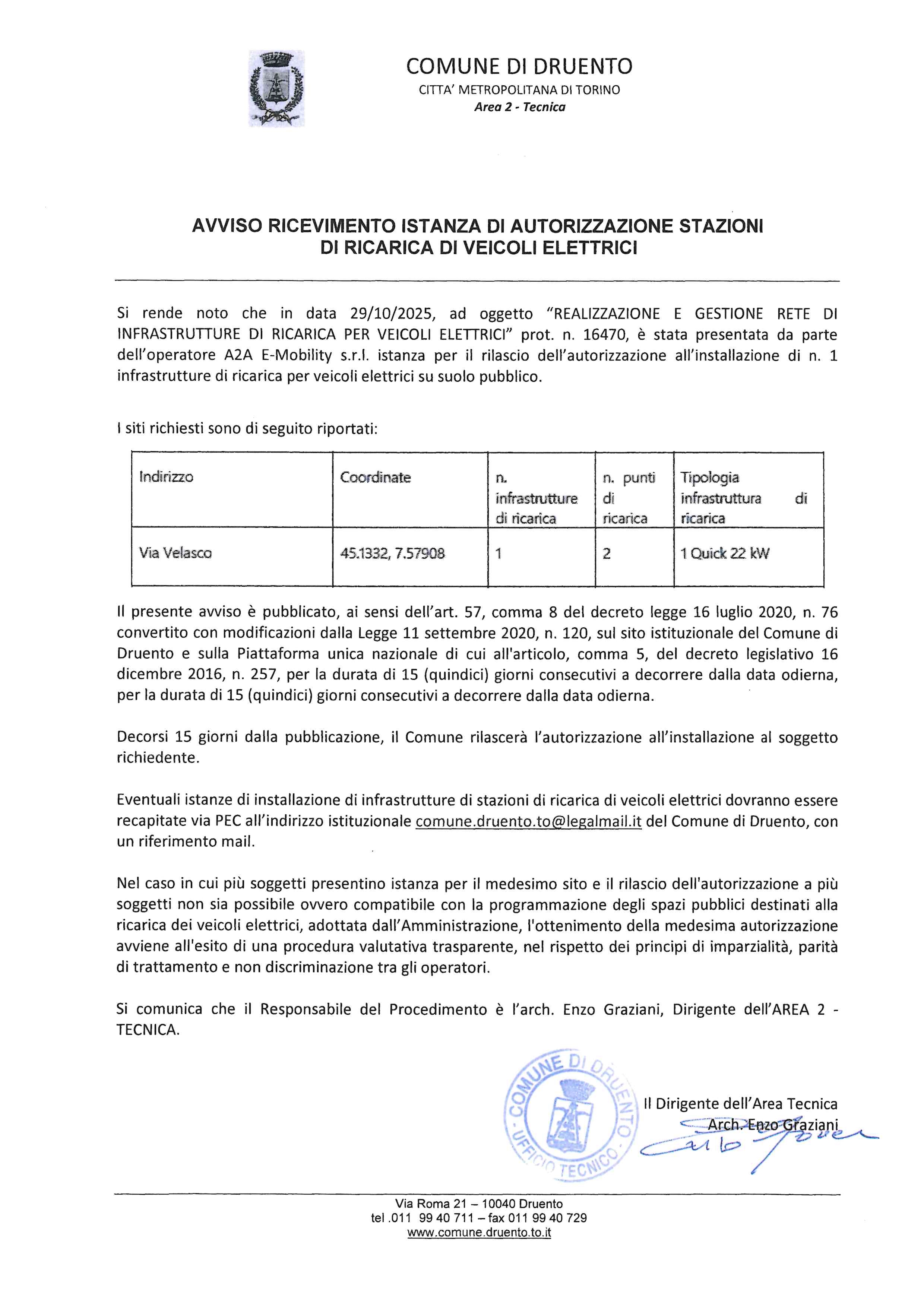 Avviso ricevimento istanza di autorizzazione stazioni di ricarica di veicoli elettrici
